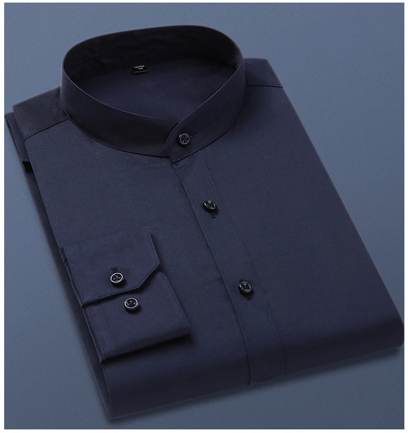 TFETTERS Autumn Long Sleeve Shirt Men White Shirt Stand Collar Slim Fit Business Work Shirts for Men Plus Size 5XL