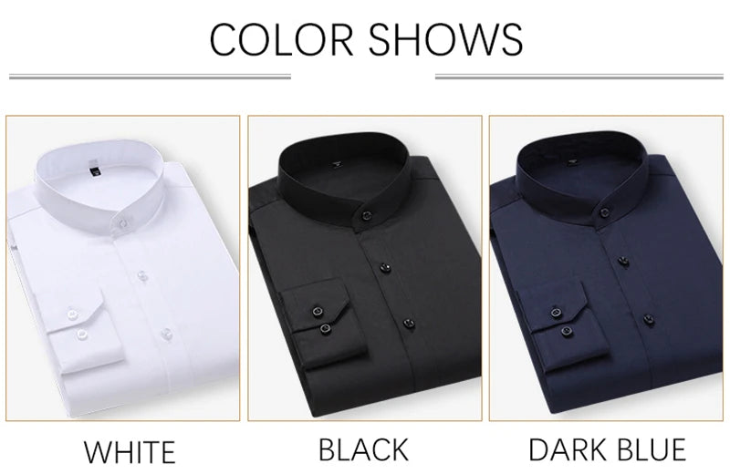TFETTERS Autumn Long Sleeve Shirt Men White Shirt Stand Collar Slim Fit Business Work Shirts for Men Plus Size 5XL