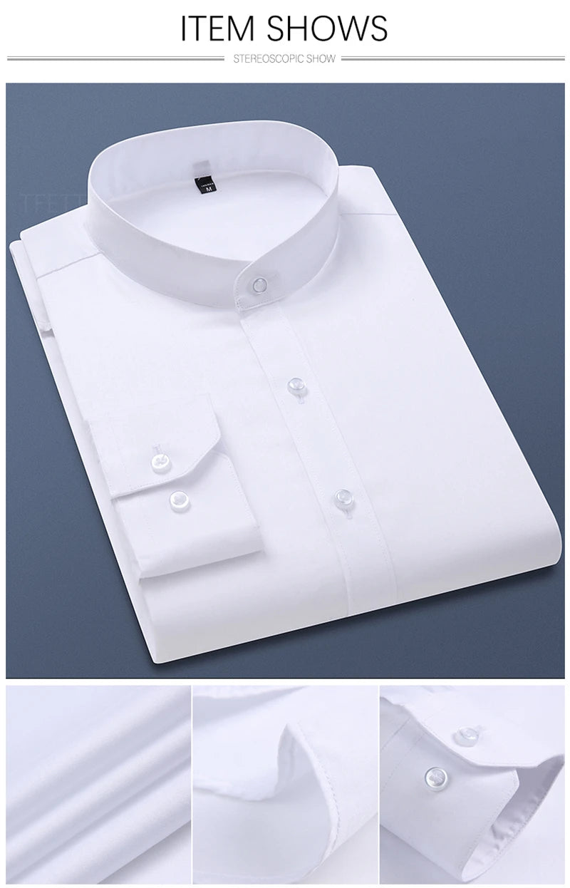 TFETTERS Autumn Long Sleeve Shirt Men White Shirt Stand Collar Slim Fit Business Work Shirts for Men Plus Size 5XL