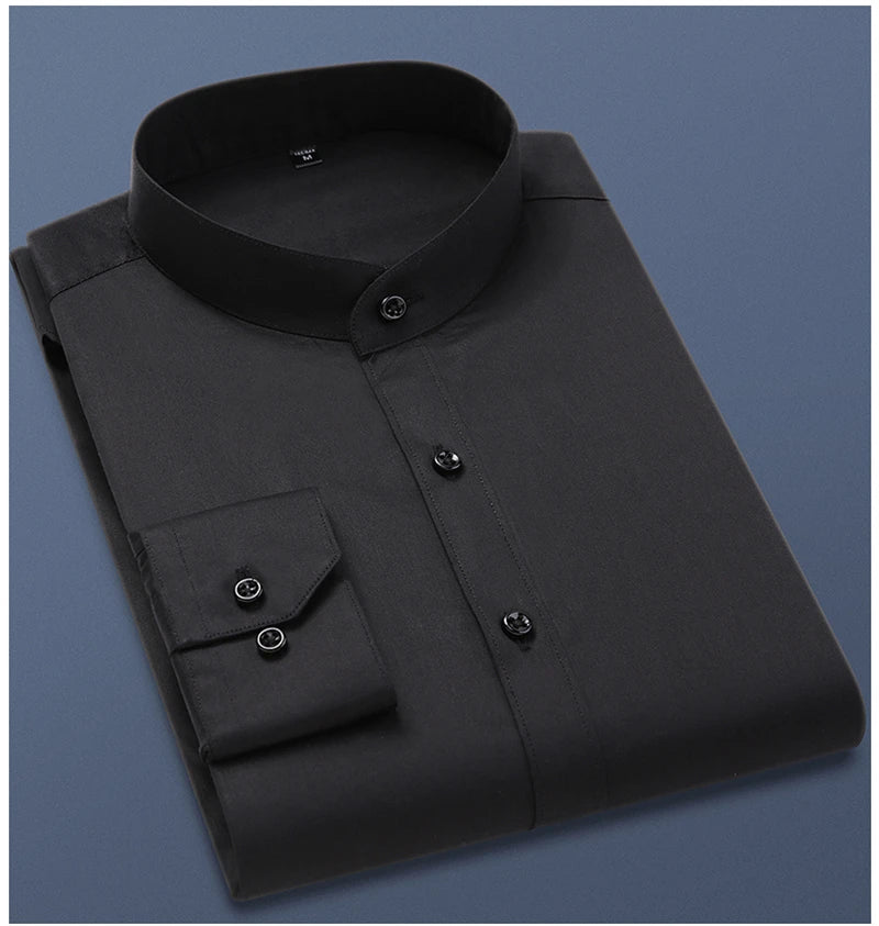 TFETTERS Autumn Long Sleeve Shirt Men White Shirt Stand Collar Slim Fit Business Work Shirts for Men Plus Size 5XL