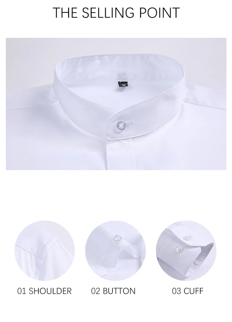 TFETTERS Autumn Long Sleeve Shirt Men White Shirt Stand Collar Slim Fit Business Work Shirts for Men Plus Size 5XL