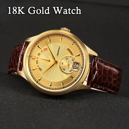 BERNY 18K Gold Men Quartz Watches Luxury Swiss Movement Day Date Calendar Business Style Wateproof Wristwatch Relogio Masculino