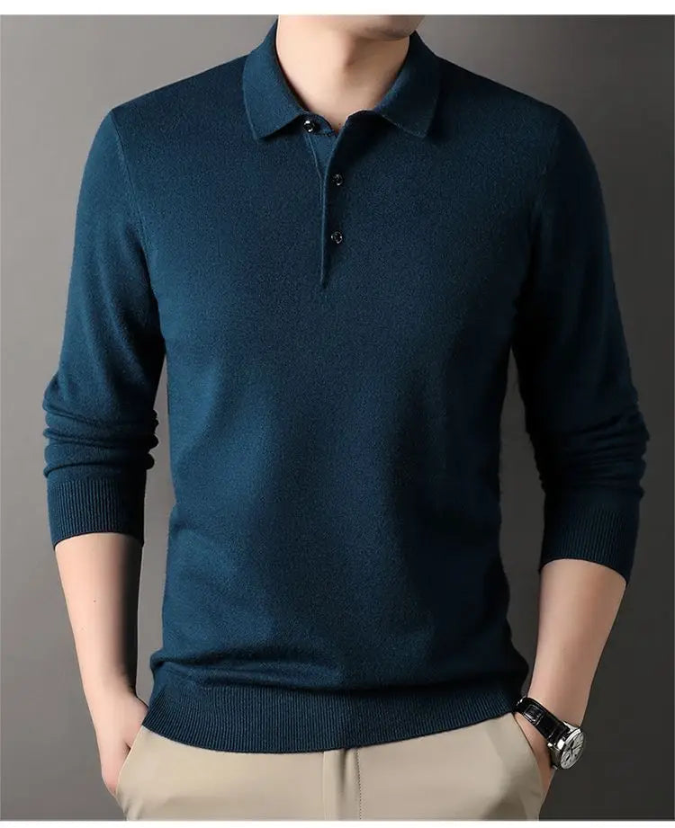 Male Polo Shirt Soft Lightweight Warm Knitted Luxury Simple Button Up Pullover 2025 Lapels Comfortable Business Sweater Clothing