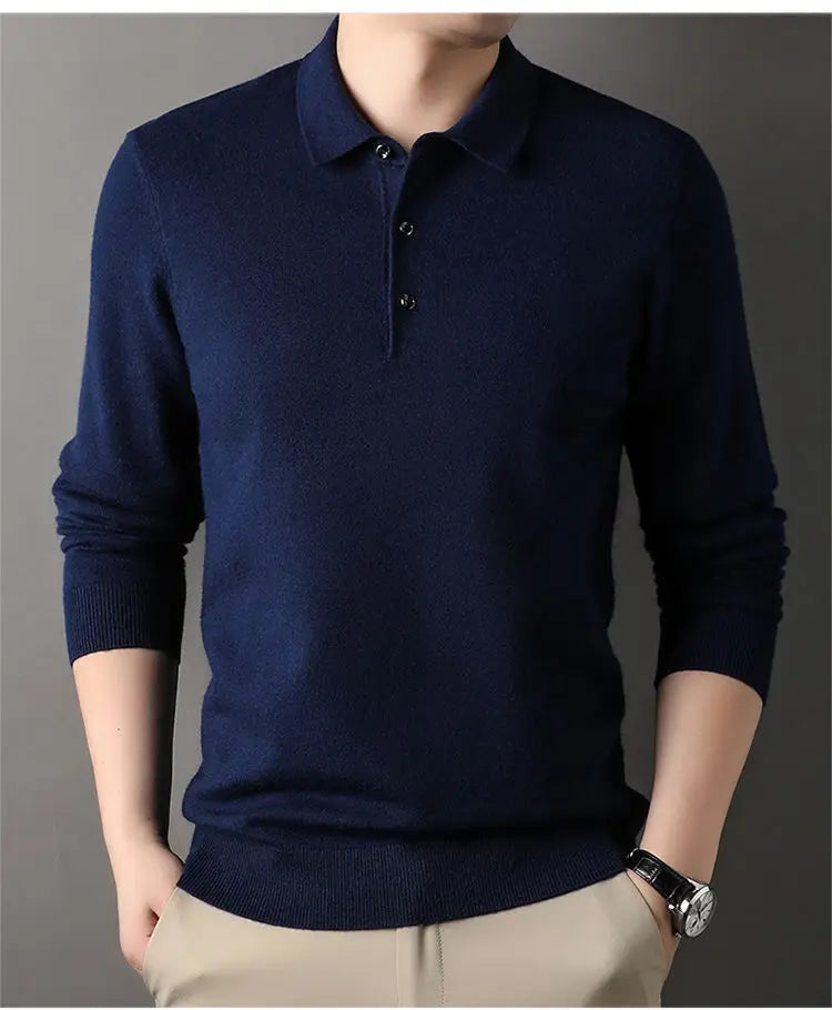 Male Polo Shirt Soft Lightweight Warm Knitted Luxury Simple Button Up Pullover 2025 Lapels Comfortable Business Sweater Clothing