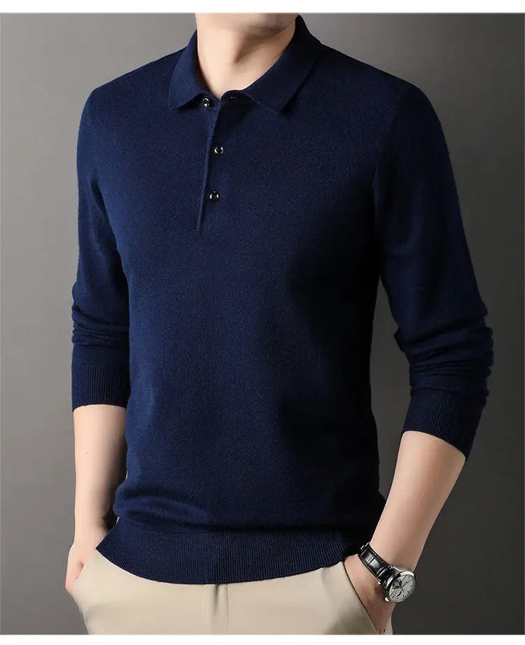Male Polo Shirt Soft Lightweight Warm Knitted Luxury Simple Button Up Pullover 2025 Lapels Comfortable Business Sweater Clothing
