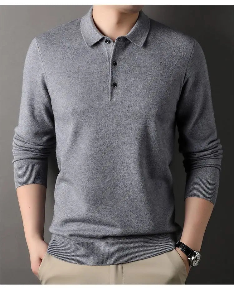 Male Polo Shirt Soft Lightweight Warm Knitted Luxury Simple Button Up Pullover 2025 Lapels Comfortable Business Sweater Clothing